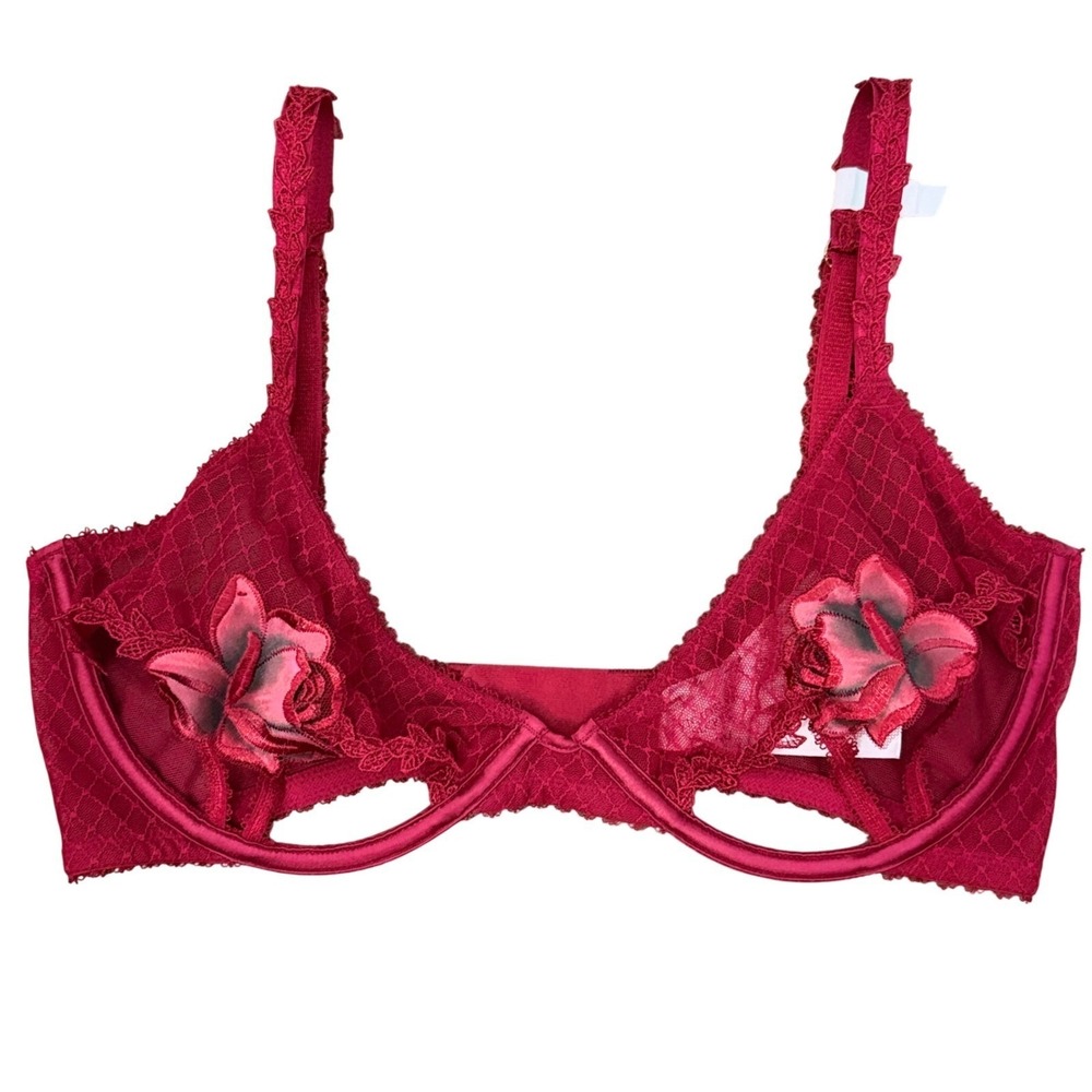 Victoria's Secret Red Lace Floral Applique Unlined Underwire Bra M-DD 11258813